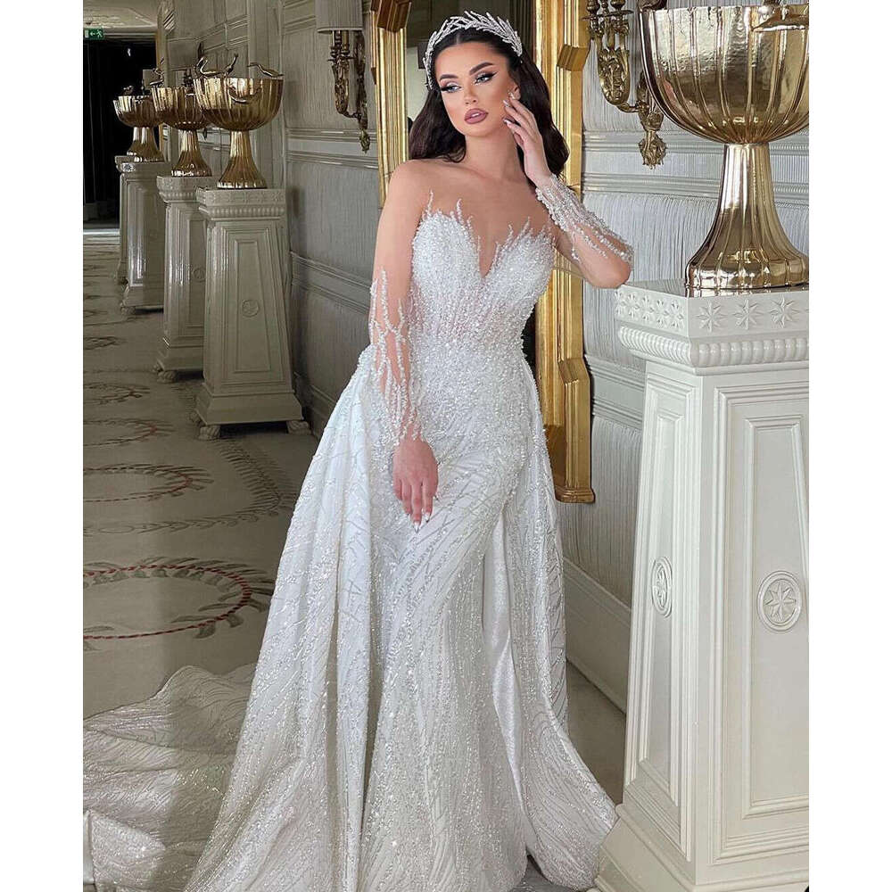 Fashion Mermaid Wedding Dresses With Detachable Train Sequine Beading Bridal Gowns Custom Made Robes De