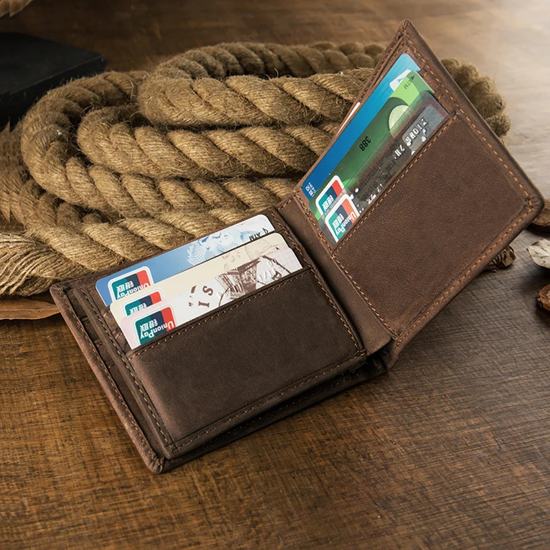 Handmade Retro Leather Wallet Mens Cowboy Hidden Billfold Crazy Horse Customized Deck Currency Clip 240910