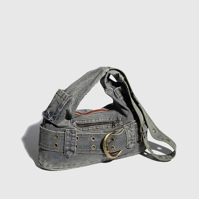 Y2k Washed Denim Blue Shoulder Bag Women Vintage Large Capacity Zipper Type Daily Tote Double Pocket Design Female Underarm Bag 240911