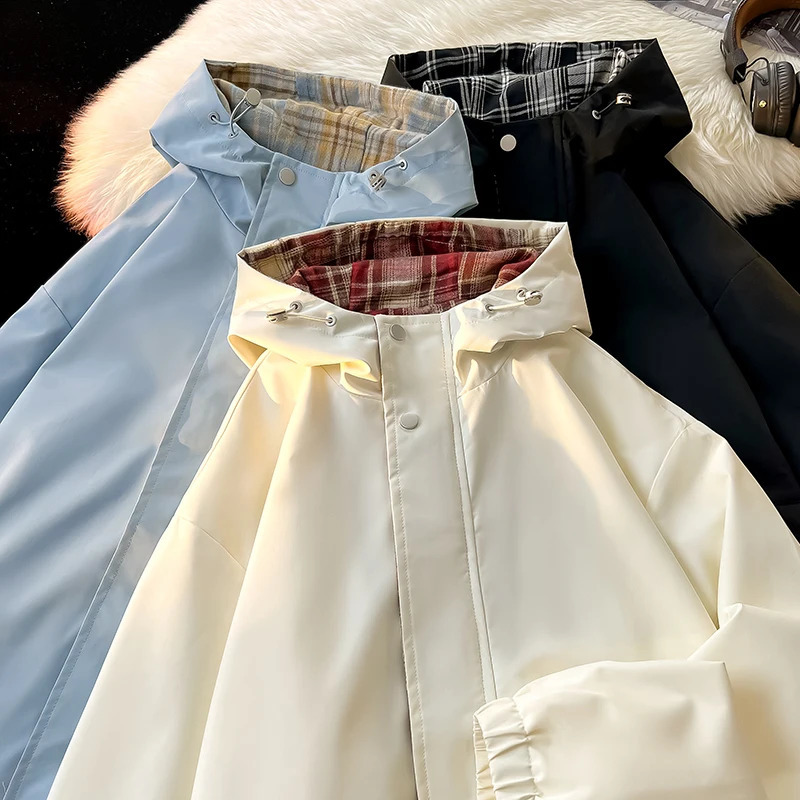 Mens jacket Korean streetwear reversible plain weave jacket university jacket casual plus size jacket autumn and winter unisex windproof 240906