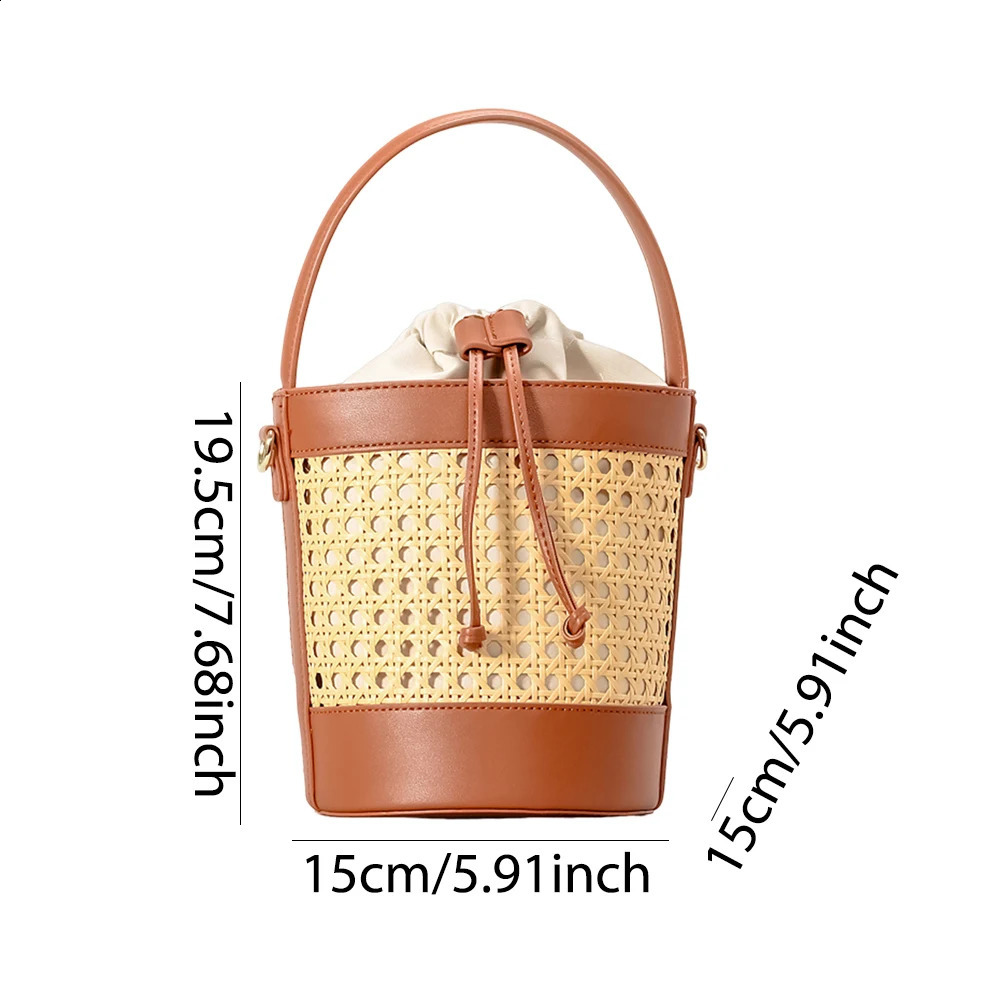 Grass beach bag womens PU leather summer hollow bucket fashionable drawstring handbag holiday travel 240910