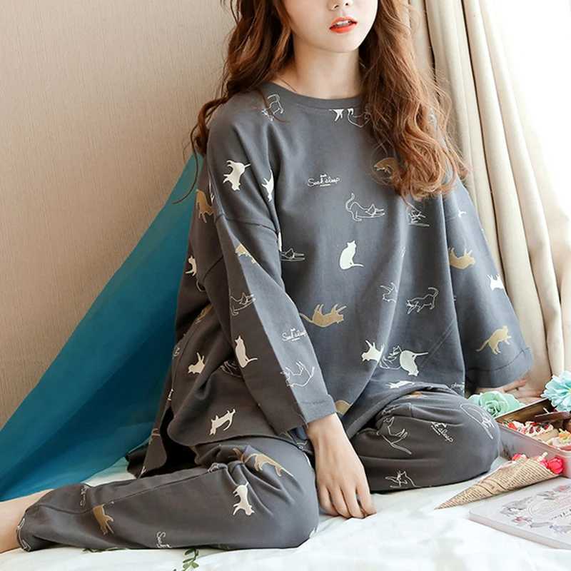 wear Womens pajamas wear top and bottom room set room cat pattern long sleeve cotton cute elegant softX2409