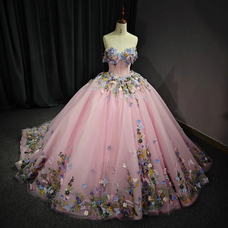 Pink Shiny Sweetheart Quinceanera Dresses Party Birthday Off The Shoulder 3D Applique Bow Beads Tull Princess Sweet 16 Dress Vestido De 15 Anos