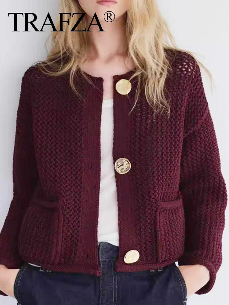 TRAFZA Womens Casual Cardigan Sweater Jacket With Pockets Wine Red Solid Metal Button Knit Autumn Trend Street