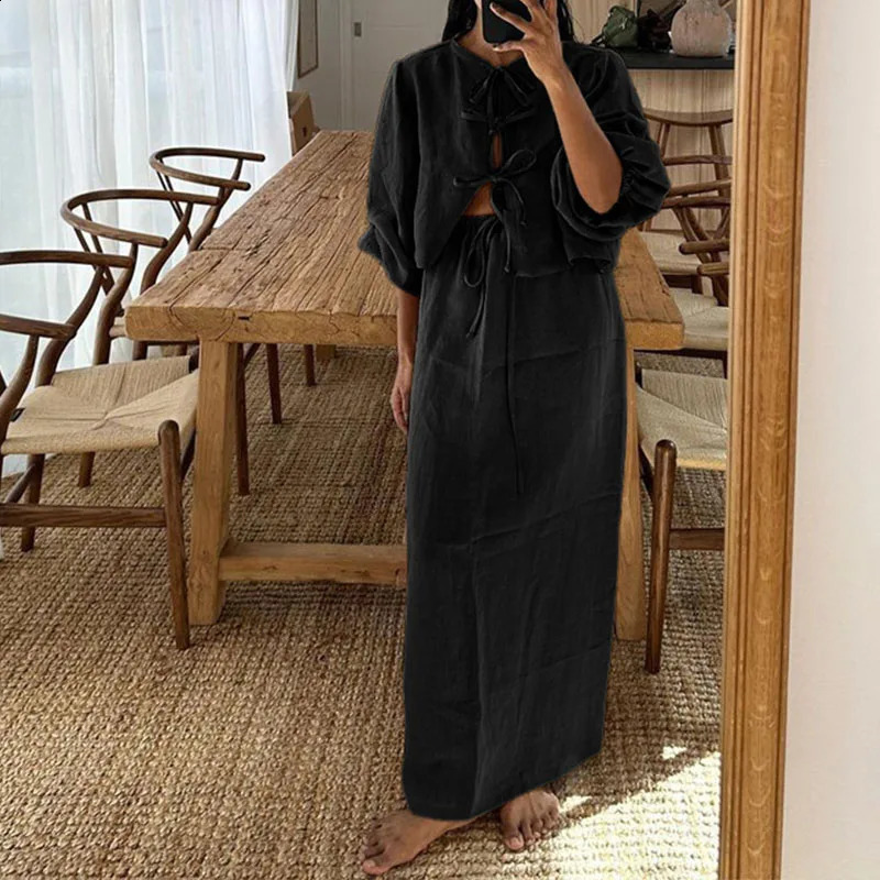 Womens O-neck lace up top long summer dress loose cotton linen set casual puff sleeves high waist 2-piece set 240903