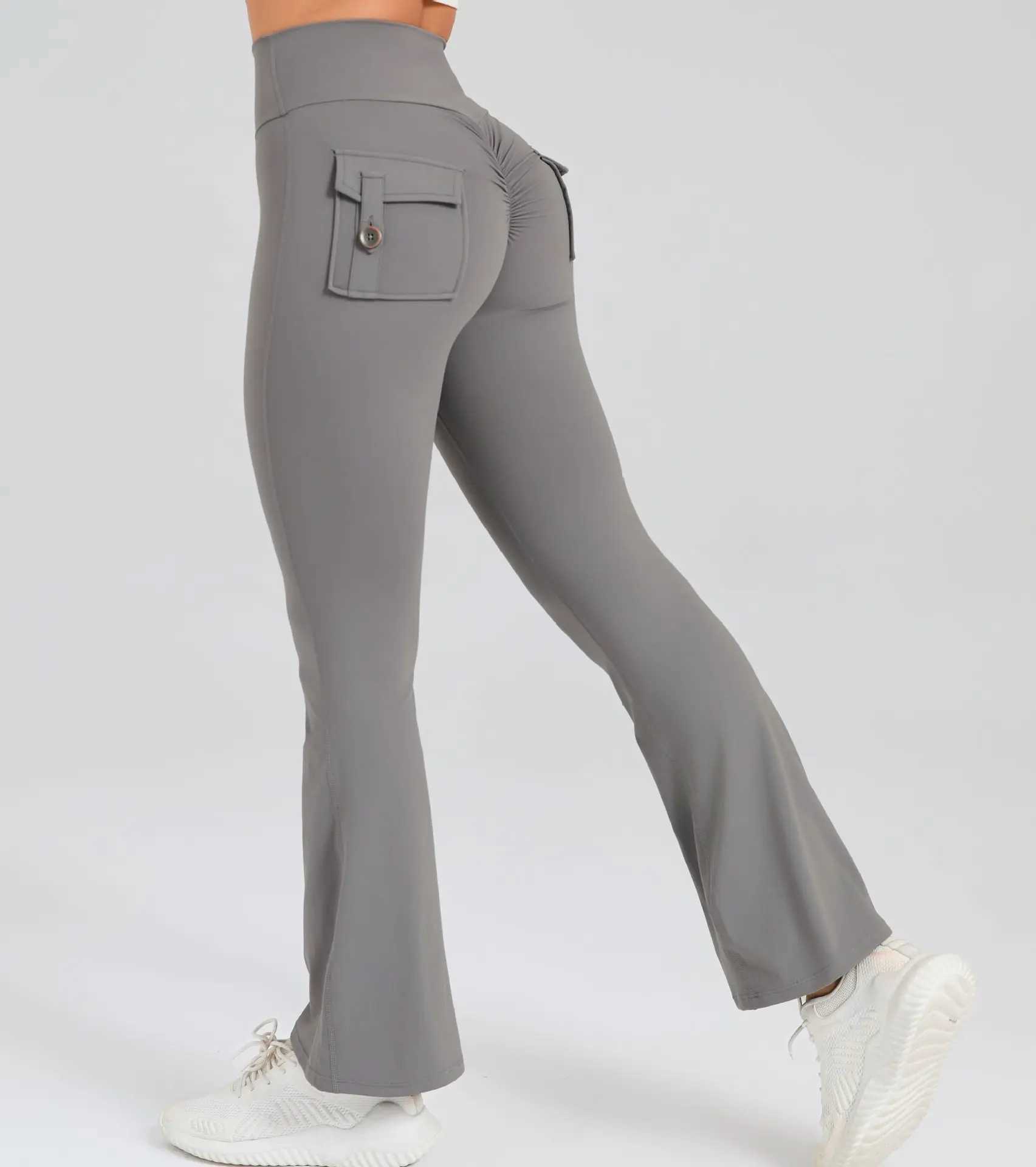 Yoga Pants Casual Sport Scrunch Legging Pants Raises Butt Women High Waist Cargo Pants with Pocket Gym Trousers Flare Leggings for Fitness M240910