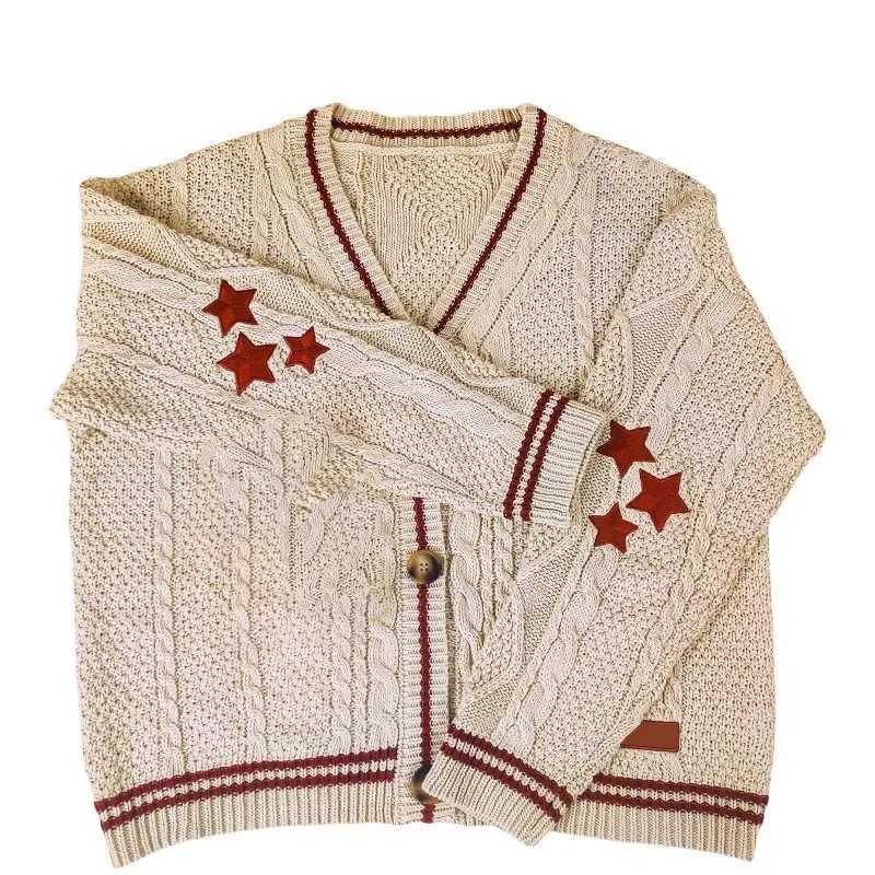 Deeptown Vintage Beige Swift Knit Cardigan Women Y2K College Oversize Star Embroidery Sweater Folklore Knitted Jumper Korean M240910