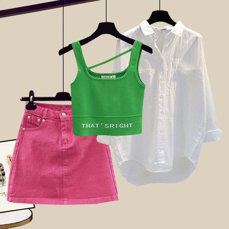 Women's Two Piece Pants Korean Summer Style Worn Casual Shorts White Chiffon Shirt Green Vest Bra Three Piece Elegant Women's Shorts Set 230