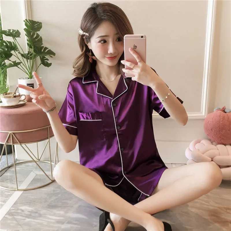 Women Ice Silk Pajamas Korean Version of the Lapel Cardigan Ladies Comfortable Spwear Two-Piece Set Soft Casual NightwearXJ250220