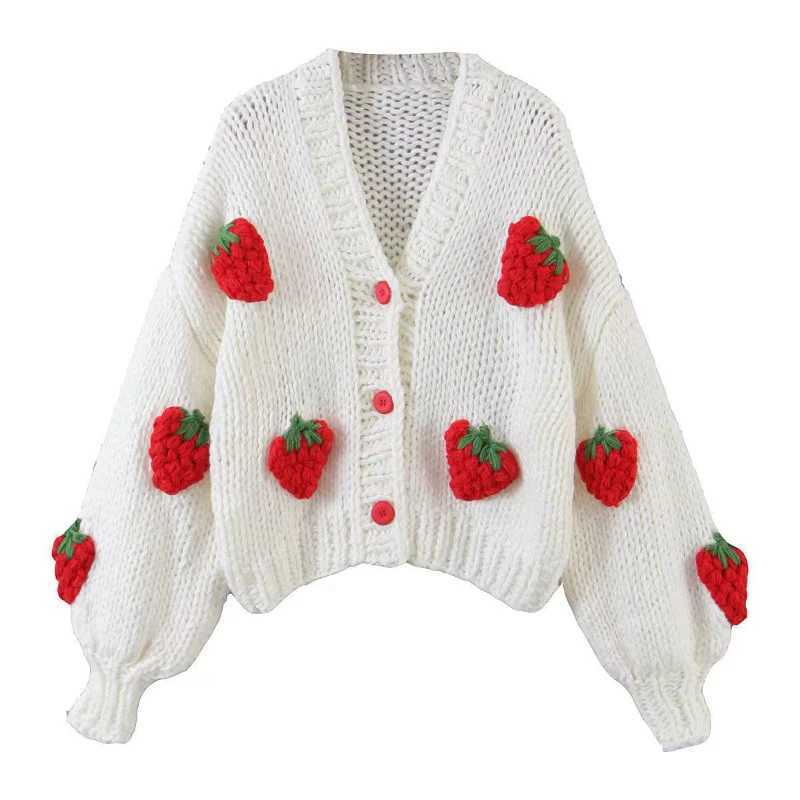 Womens Knitted Sweater Cardigans Fall Korean Style Casual All-Matched V-Neck Strawberry Knitting Lantern Sleeve Loose Sweaters M240910