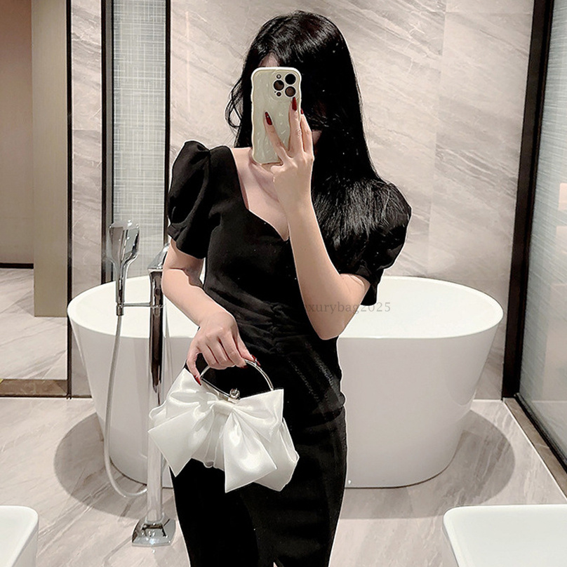 White Satin Bow Fairy Evening Bags Clutch Metal Handle Handbags for Women Wedding Party Bridal Clutches Purse Chain Shoulder Bag luxury dinners bag we