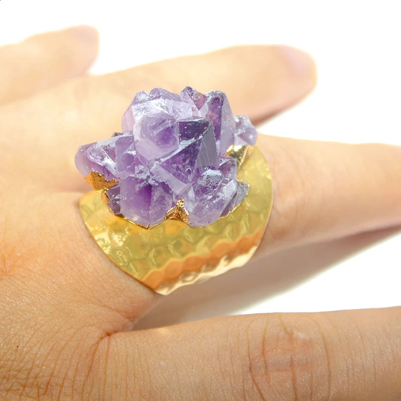 Irregular Rough Stone Ring for Women Purple Crystal Cluster Gemstones Jewelry Open Finger 240906