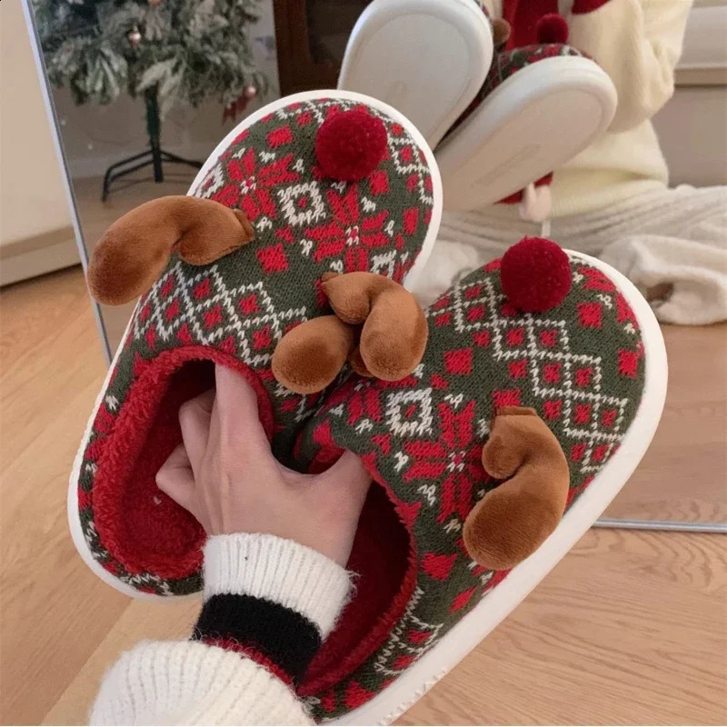 Women Christmas Cotton Slippers 2024 Cute Cartoon Deer Anti-slip Winter Warm Shoes Ladies Indoor Home Floor Fluffy Slides 240910