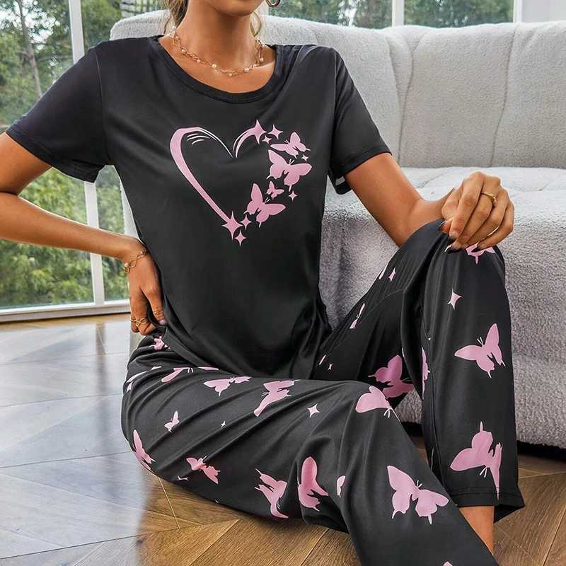 Sleeve Set Heart Crew Printed Short Pajama Butterfly Women Soft Neck Tops Elastic Waist Pants Sleepwear Loungewear NightwearX2409