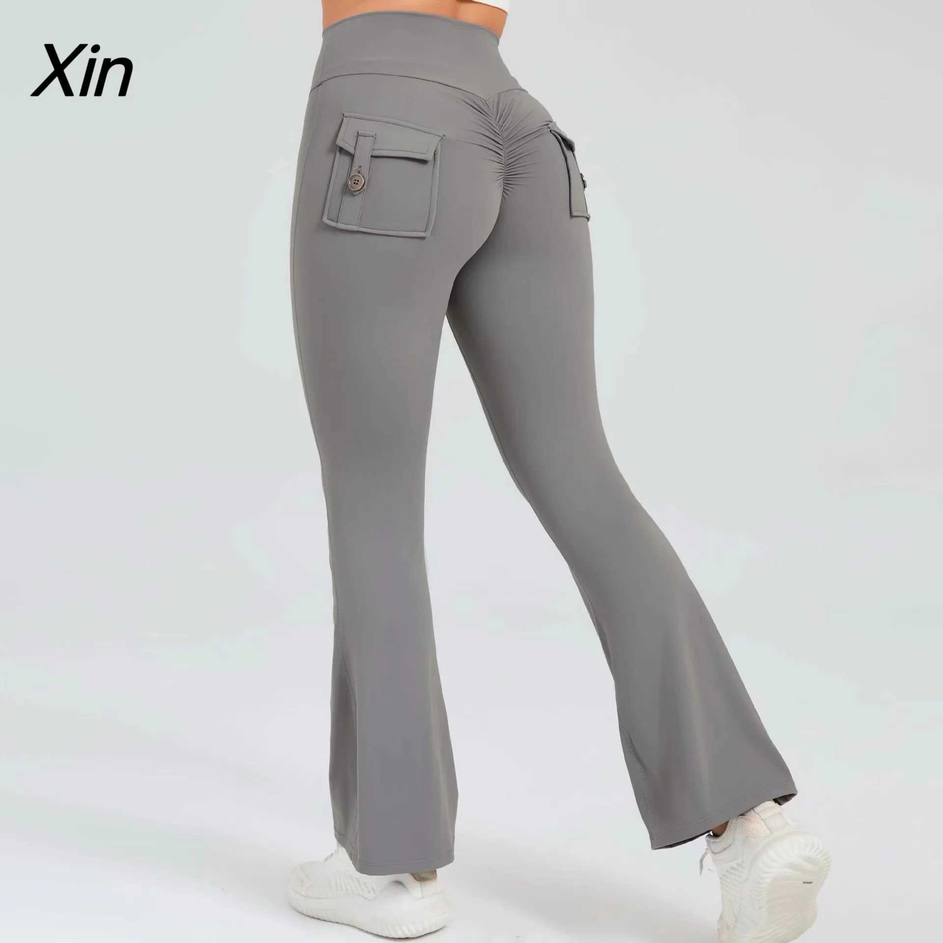 Yoga Pants Casual Sport Scrunch Legging Pants Raises Butt Women High Waist Cargo Pants with Pocket Gym Trousers Flare Leggings for Fitness M240910