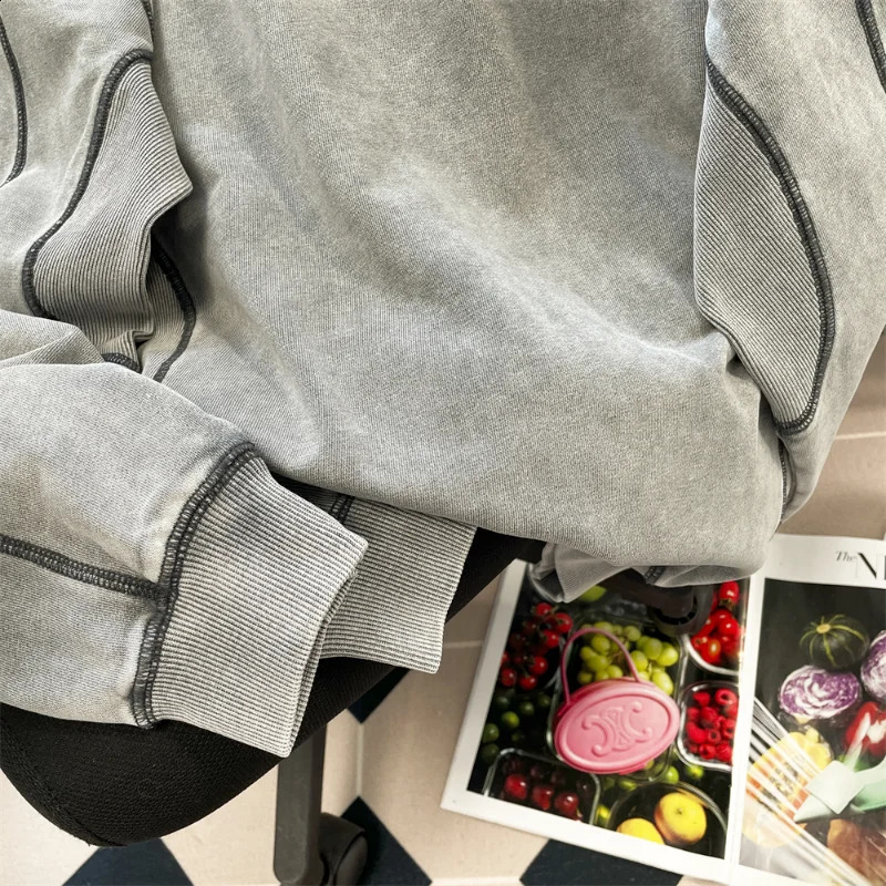 American High Street Sweatshirt Men Hiphop Hoodless Solid Long Sleeve Shirt Women Spring Autumn Urban Simple Line Stripes Top 240911