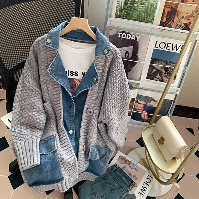 Fat mm200 Pounds Vintage Denim Patchwork Sweater Coat ins Fashion Woman Autumn and Winter Thickened Loose Niche Cardigan M240910