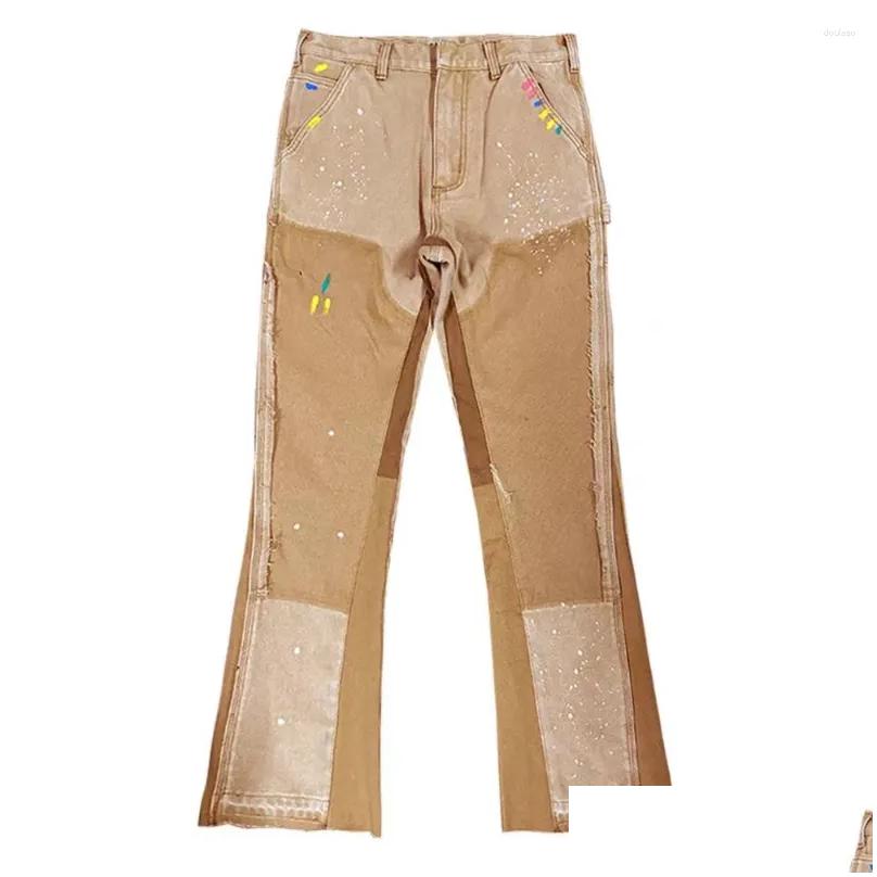 Mens European Ink Sprayed Flared For Men Contrast Color Looen Fit Streetwear Denim Clothes Open Hem Males Drop Delivery Apparel Cloth Dhhrj