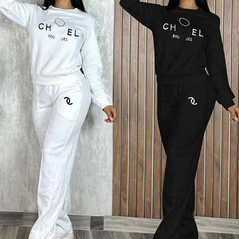 Designer Womens Suit Hoodie New Fashion Sexy Long Sleeve Embossed Set Embroidery Pocket Wide Leg Two Pieces