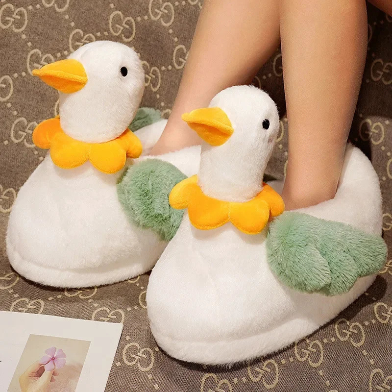 Cute Cartoon Duck Fluffy Slippers For Woman Winter Warm Shoes Soft Plush Funny Flower Girls Indoor Home Floor Slipper 240910