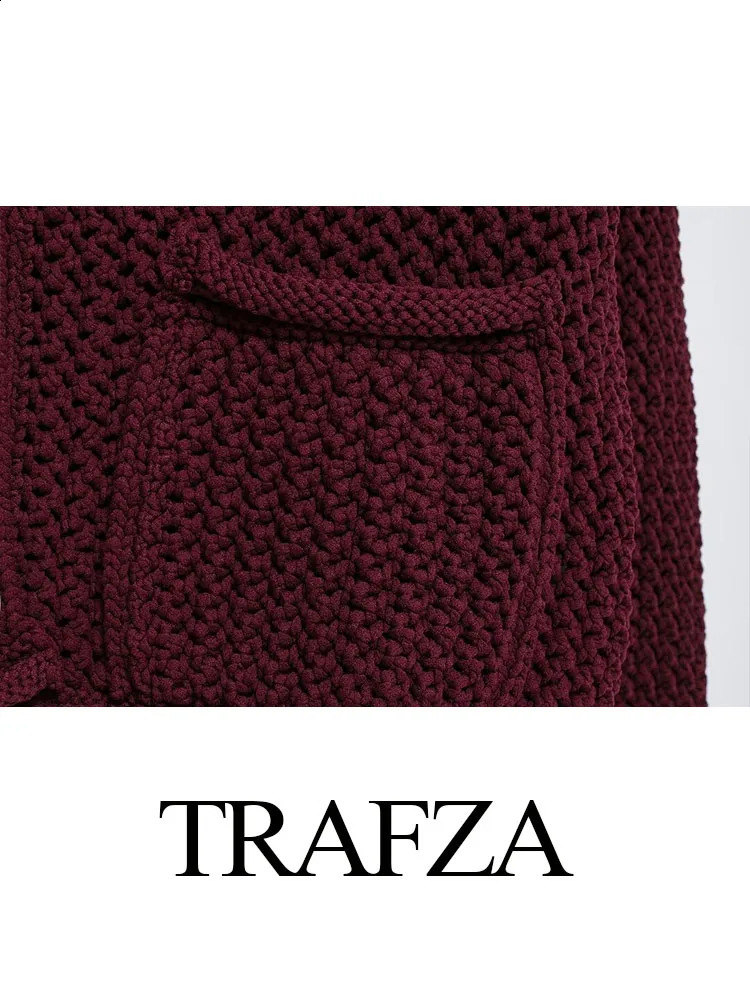 TRAFZA Womens Casual Cardigan Sweater Jacket With Pockets Wine Red Solid Metal Button Knit Autumn Trend Street