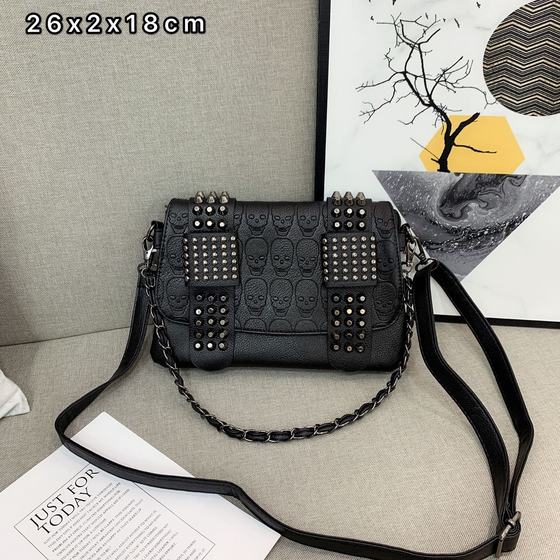 Gothic Studded Decor Crossbody Bag Punk Style Flap Shoulder Bag Retro Halloween Skull Embossed Purse CYD2409112