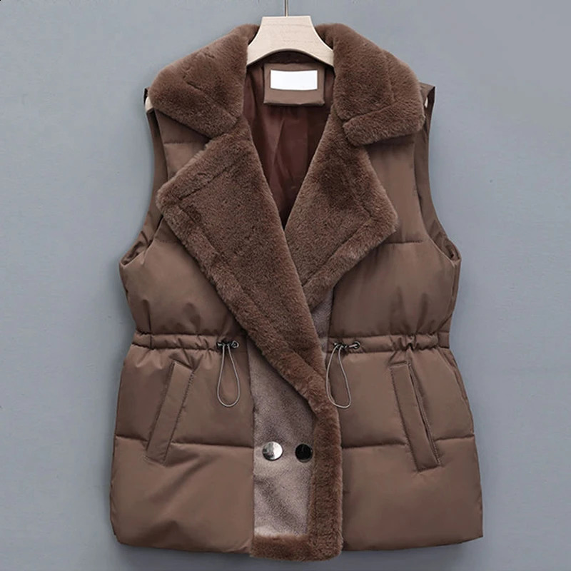 Winter cotton fur integrated down vest womens inflatable standing collar button jacket with drawstring waist 240910
