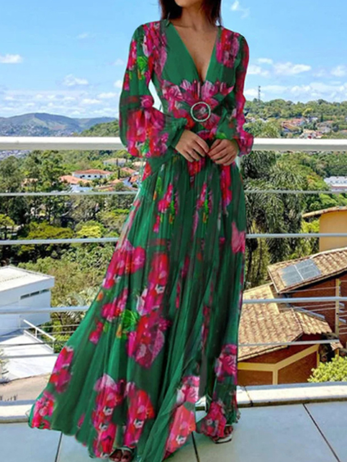 Spring Autumn Oversized V-Neck Floral Printing Lace Up Dress Female Long Sleeve Waist A-line Robe Women's Loose Casual Vestidos