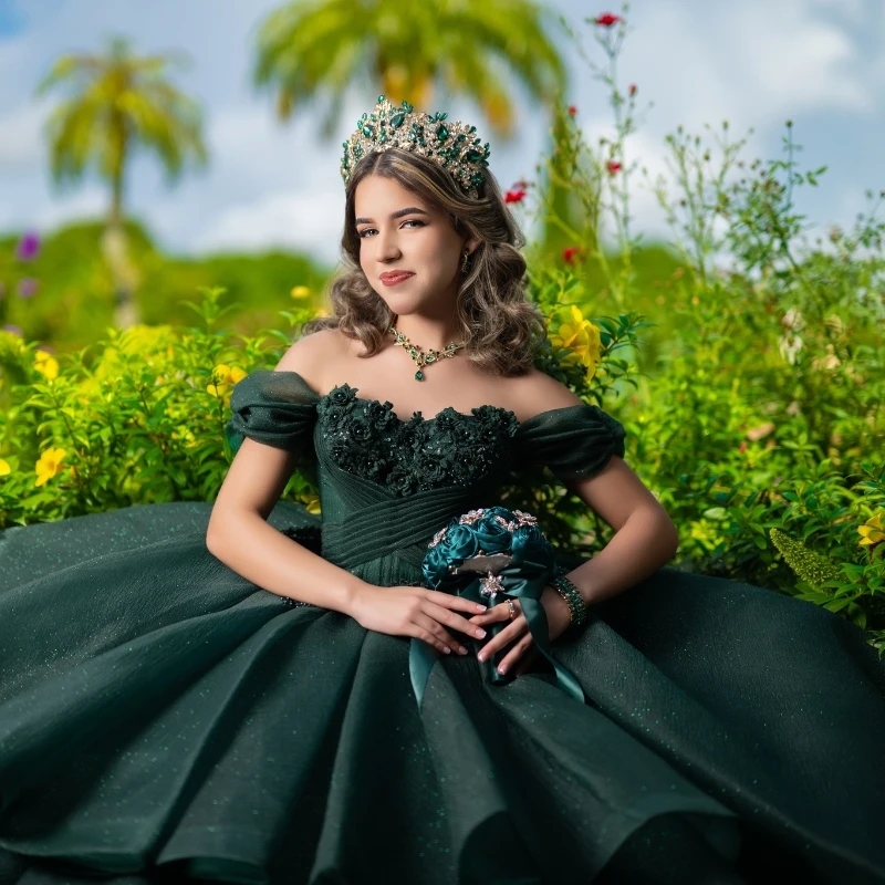 Blackish Green Shiny Ball Gown Quinceanera Dresses Off The Shoulder Applique Lace Beads Tull Tiered Sweet 16 Dress Vestidos 15 De