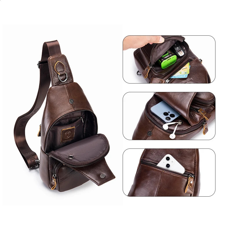 Schlatum Mens Leather Sling Bag Multi functional Retro Cross Chest Bag Large Capacity 240907