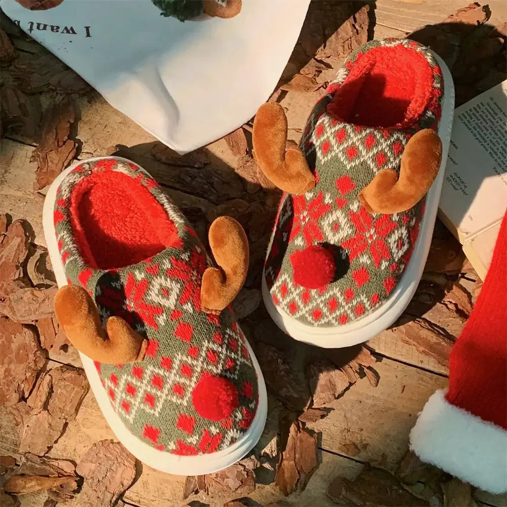 Women Christmas Cotton Slippers 2024 Cute Cartoon Deer Anti-slip Winter Warm Shoes Ladies Indoor Home Floor Fluffy Slides 240910