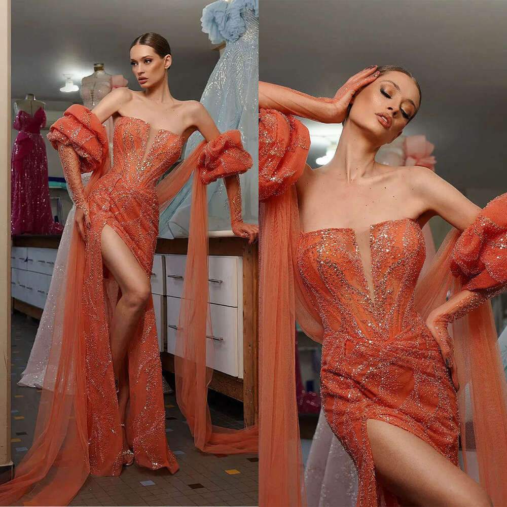 Stunning Evening Dresses A-E Strapless Sequins Backless Court Gown Party Dresses New Arrivals Vestido De Noite Custom Made 0228Lz