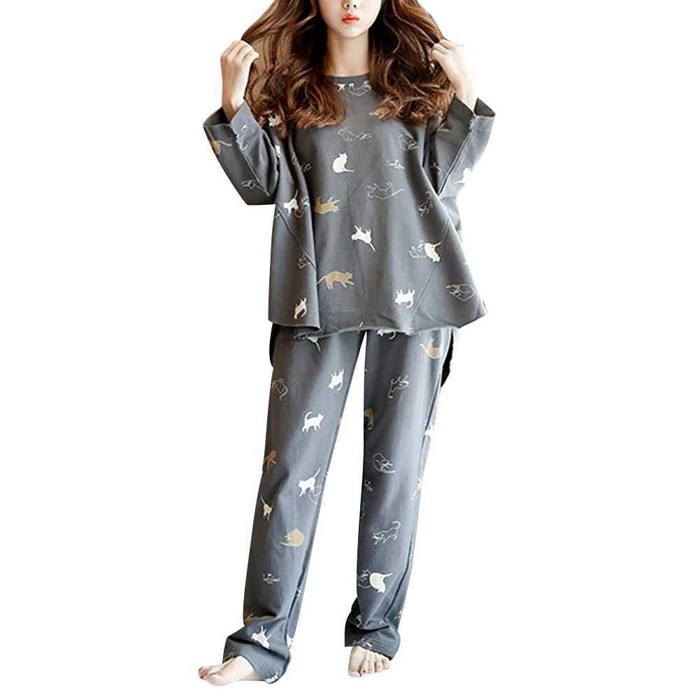 wear Womens pajamas wear top and bottom room set room cat pattern long sleeve cotton cute elegant softX2409