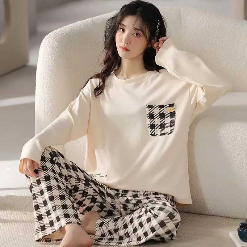 New Womens Pajamas Homewear Suit Womens Spring and Autumn Models Long-Sleeved Autumn and Winter Homewear Large Size Loose SuitX2409