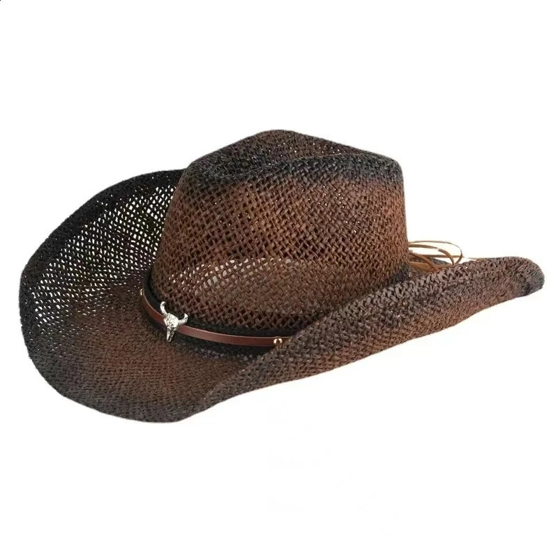 Hand woven hollow western cowboy hat suitable for womens summer outdoor cowboy hat beach cowboy hat straw hat 240909