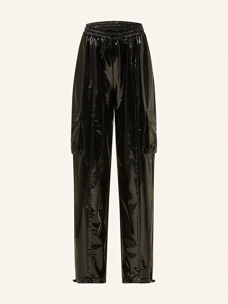 Womens high waisted shiny synthetic latex cargo pants womens fashion patent leather brushed elastic polyurethane lamp Trouser customization 240910