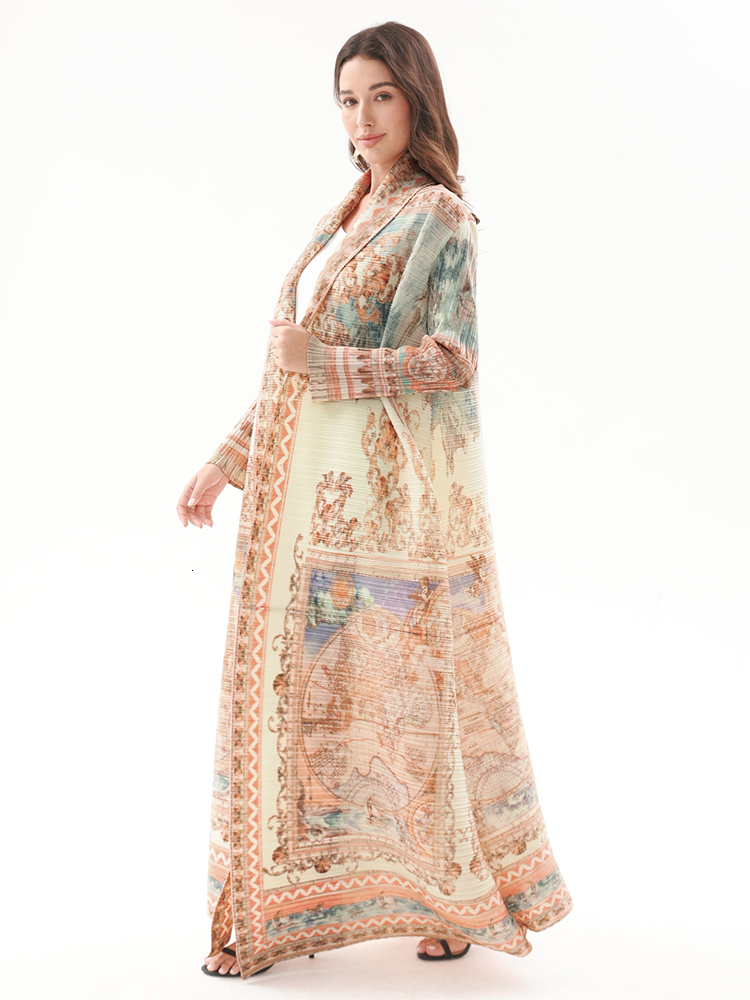 Miyake Pleated Turndown Collar Vintage Printed Long Sleeve Dress Women 2024 New Original Designer Abaya Fashion Classical Coats