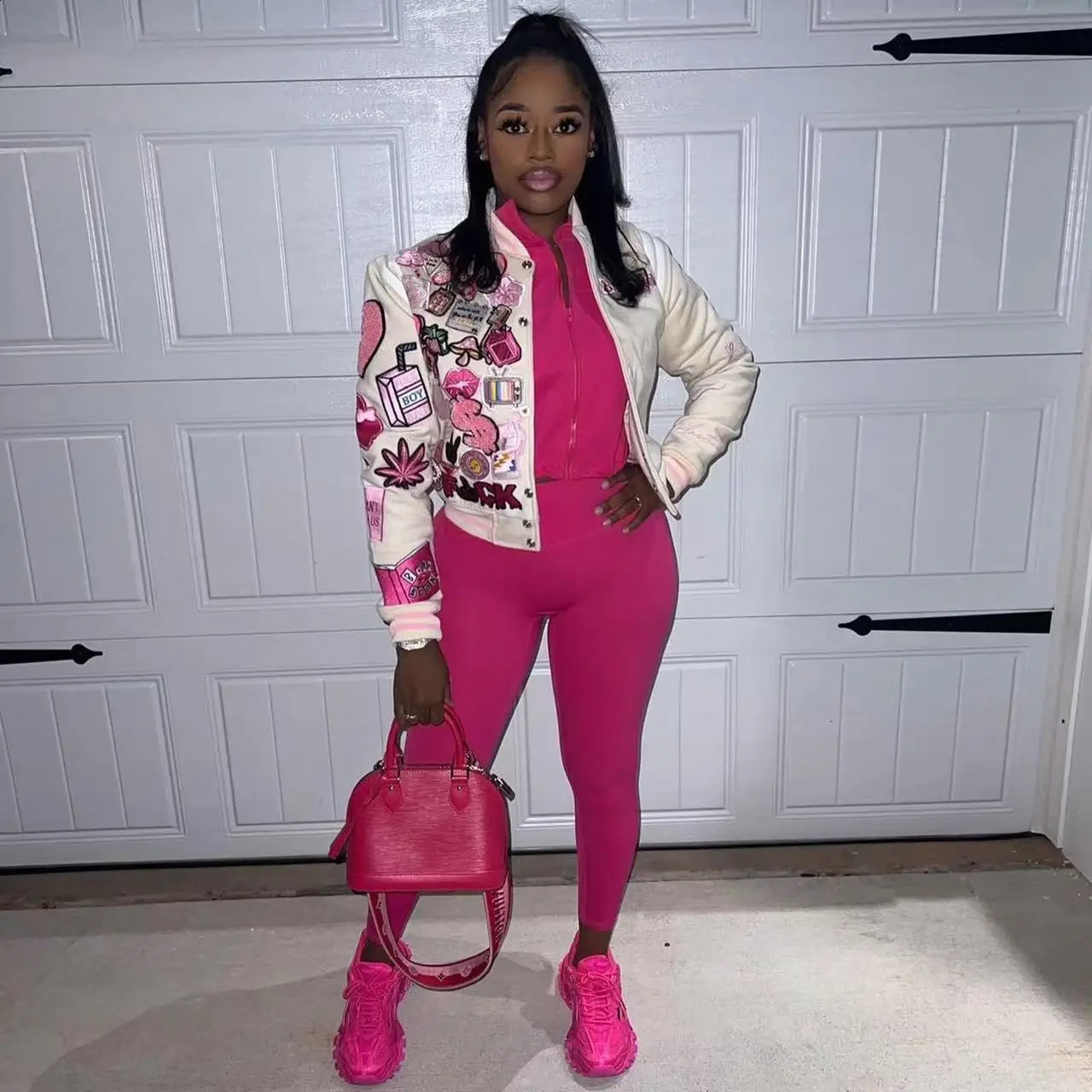 Chenille Patches Crop Varsity Jacket 2024 Women Print Streetwear Lightweight Sweatshirt Collage Bomber Jackets Coat 240910