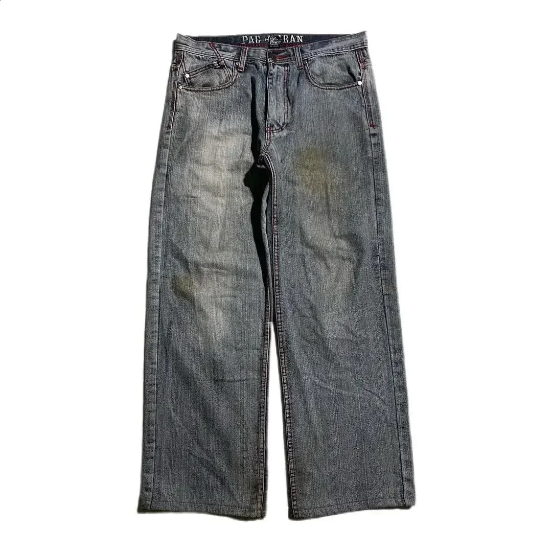 Y2k Gothic heavy industrial pocket skull embroidery rises in mens and womens Harajuku streetwear punk casual wide leg washed jeans 240911