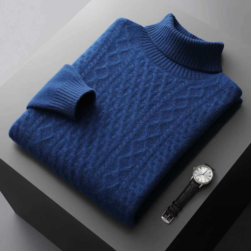 Autumn and Winter Thick Turtle Neck 00 Solid Color Wool Sweater Mens Twisted Pattern Pulldown Bottom Diamond Jacquard Youth W2411111