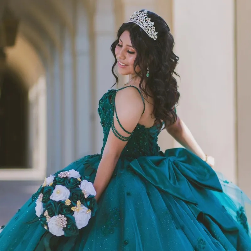 Blackish Green Shiny Quinceanera Dresses Ball Gown Spaghetti Strap Lace Applique Beading Bow Tull Corset Sweet 16 Dress Vestido De 15 Anos