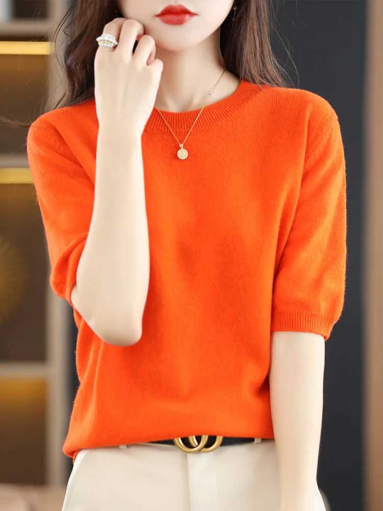 Women Merino Wool Sweater Cashmere Pullover Fashion Basic O-Neck Knitwear Short Sleeve Elegant T-Shirt Clothing Tops M240910