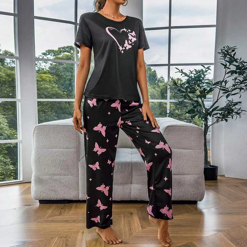 Sleeve Set Heart Crew Printed Short Pajama Butterfly Women Soft Neck Tops Elastic Waist Pants Sleepwear Loungewear NightwearX2409