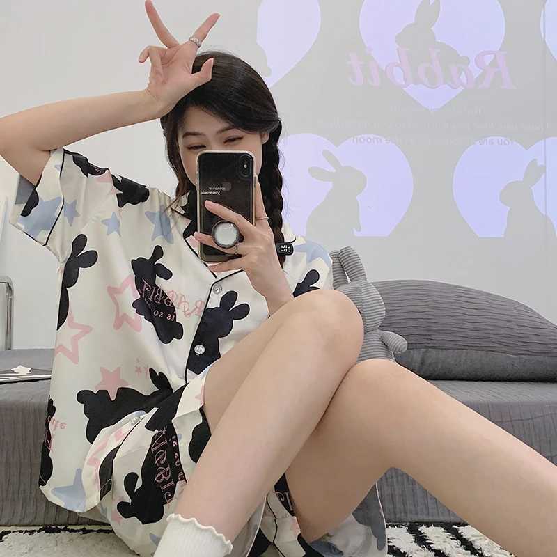 Rabbit Printing Ladies Pajamas Set Summer Kawaii Loungewear Women Green Homewear Cute Cartoon Korean Fashion Version OutfitsX240910