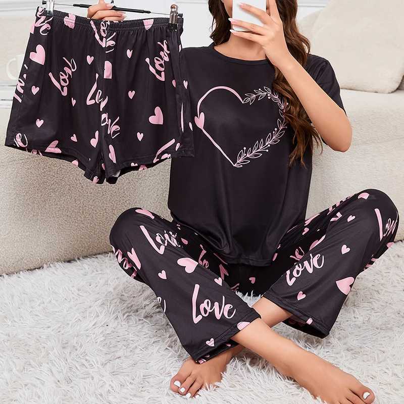 Womens 3 Piece Short Sve Crew Neck Top With Shorts And Pants Loungewear Spwear Lounge Sets Nighty Print Casual Pajama SetXJ250220