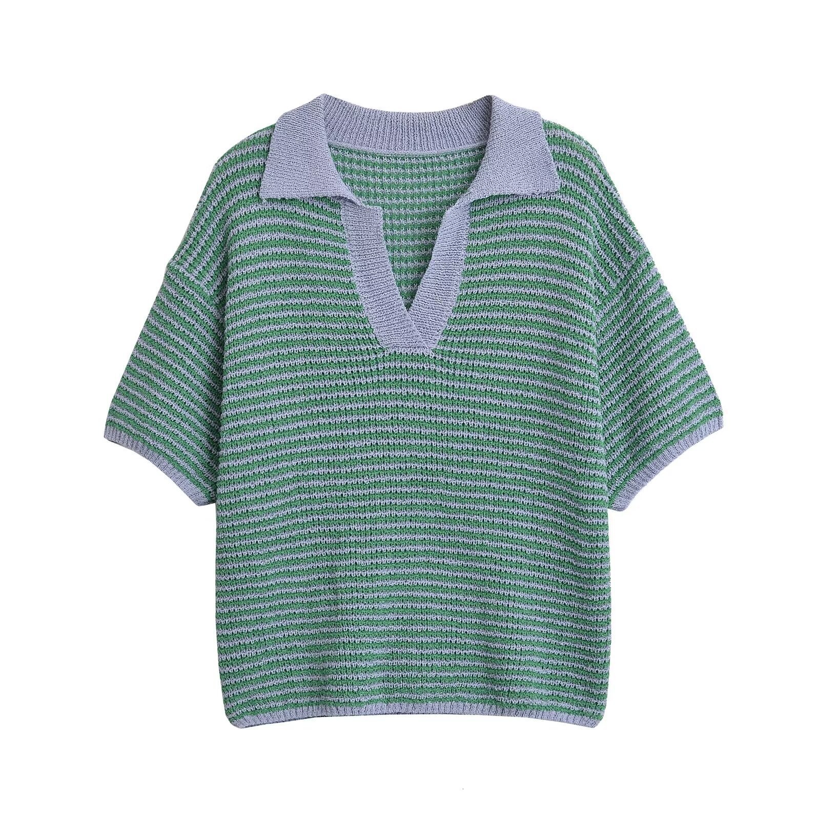 Fashion Striped Knitted Suit Autumn Womens Polo Collar Loose Top+shorts Set