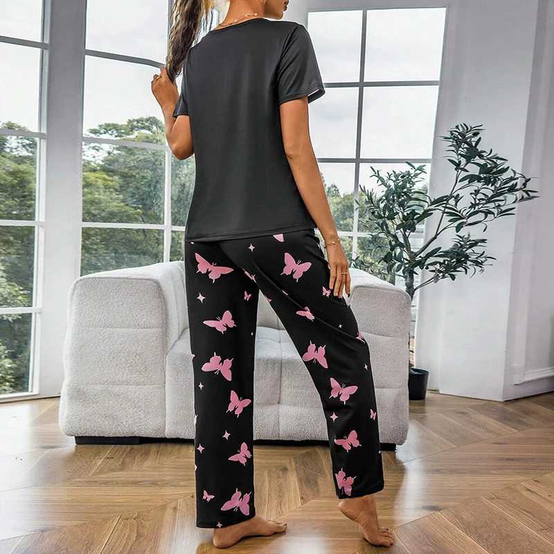 Sleeve Set Heart Crew Printed Short Pajama Butterfly Women Soft Neck Tops Elastic Waist Pants Sleepwear Loungewear NightwearX2409