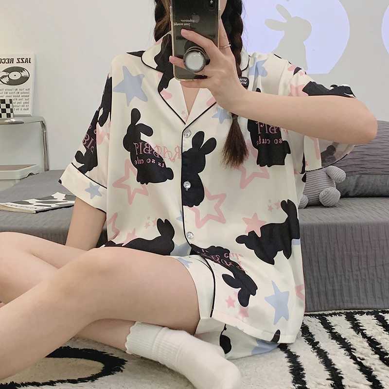 Rabbit Printing Ladies Pajamas Set Summer Kawaii Loungewear Women Green Homewear Cute Cartoon Korean Fashion Version OutfitsX240910