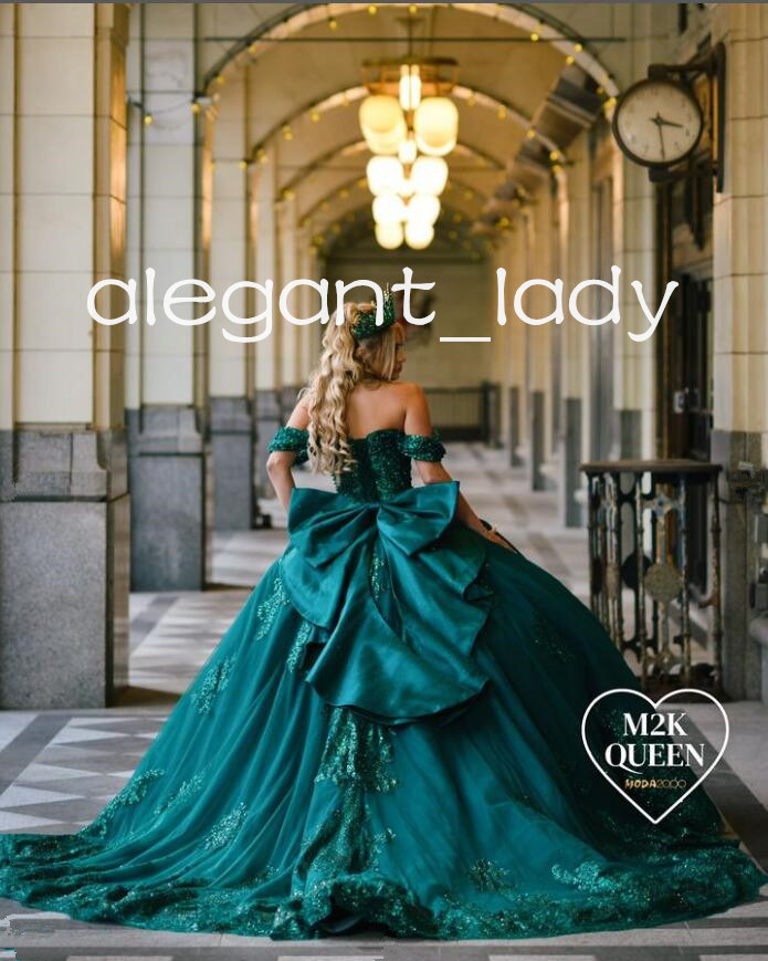 Emerald Hunter Green Sparkly Quinceanera Dresses Gillter Applique Big Bow Lace-up Corset Princess vestido de 15 quinceanera