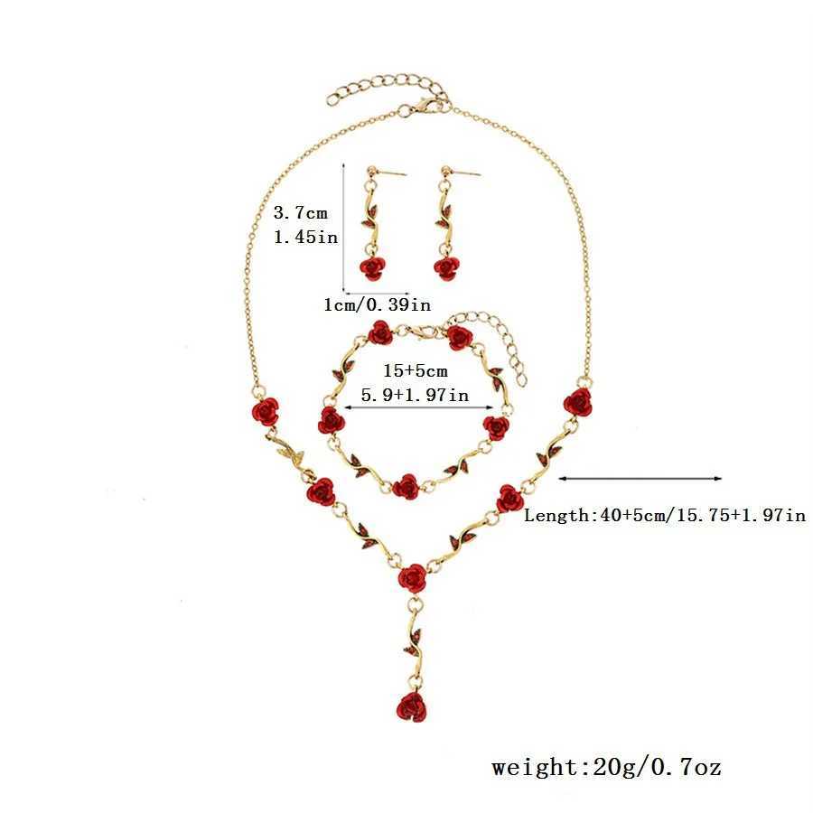 Vintage French Red Rose Flower Necklace Bracelet Set for Women Fashion Romantic Clavicle Chain Necklace Engagement Jewelry GiftsXJ241227
